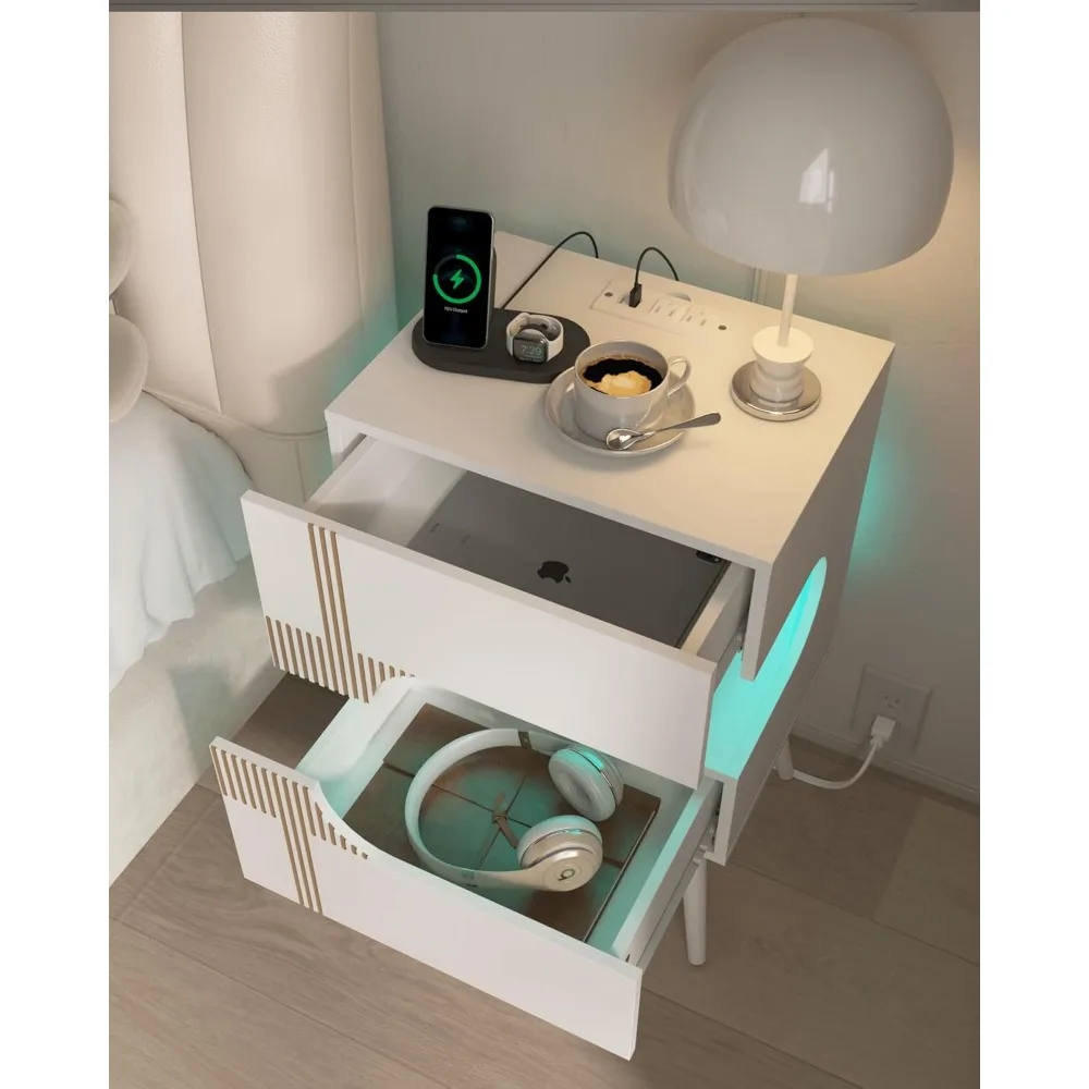 충전 스테이션이 있고 LED 조명이 있는 흰색 침대 옆 탁자, 수납 서랍 2개가 있는 현대적인 침대 옆 탁자, 단단한 나무 다리가 있는 나이트 스탠드