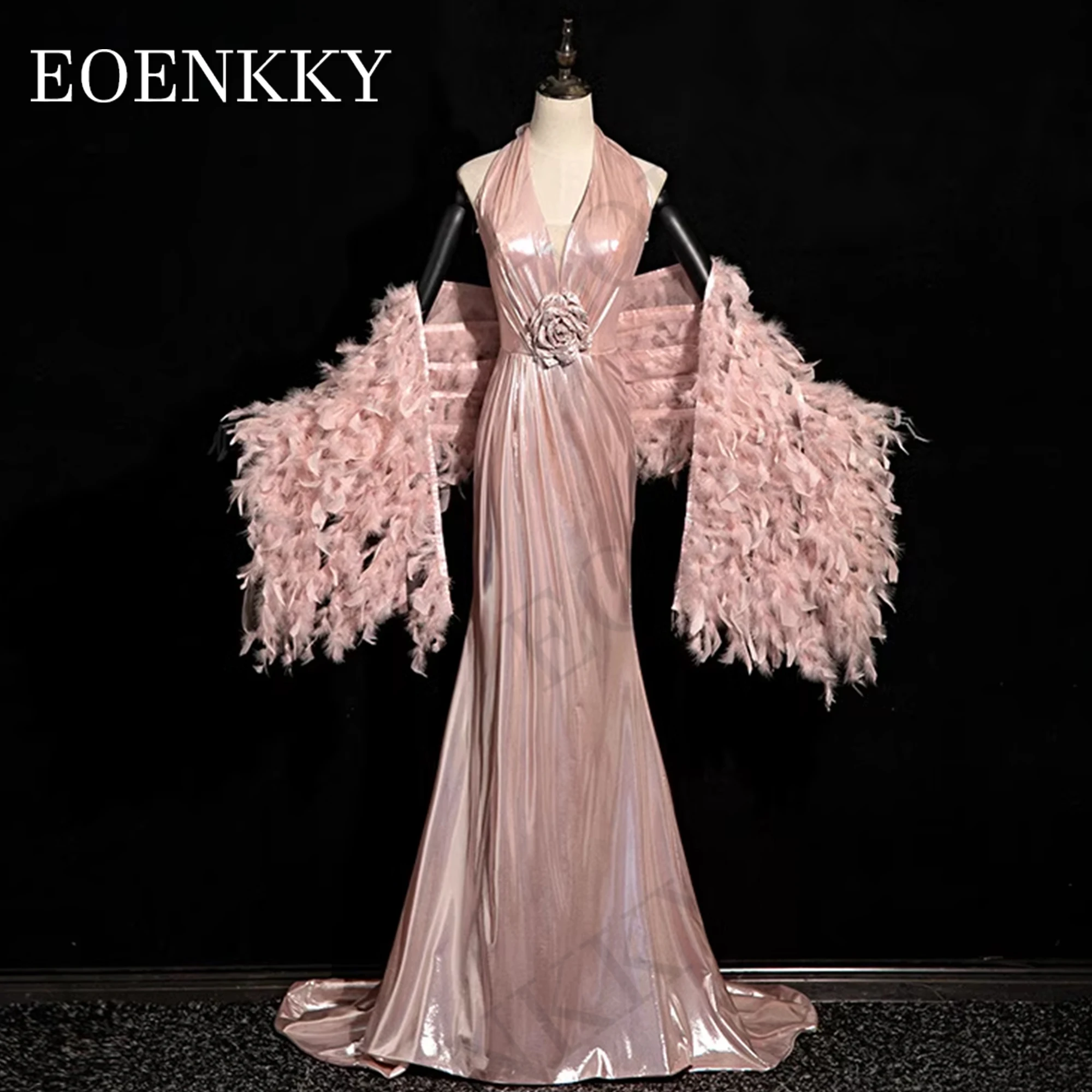 

Pink Halter Mermaid Evening Dresses Woman Luxury vestido de noche 3D Flowers Wedding Guest Dress With Feather Shawl Backless