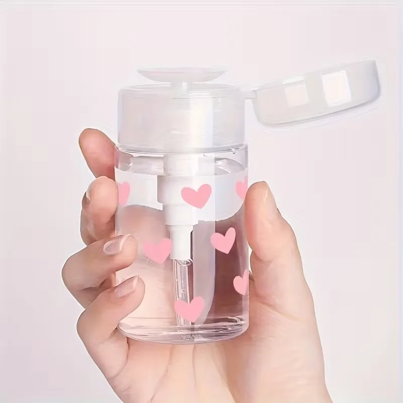 Refillable Leakproof Press Top Container for Cotton Pads, Salon Travel，Pink Heart Nail Polish Remover Pump Dispenser Bottle