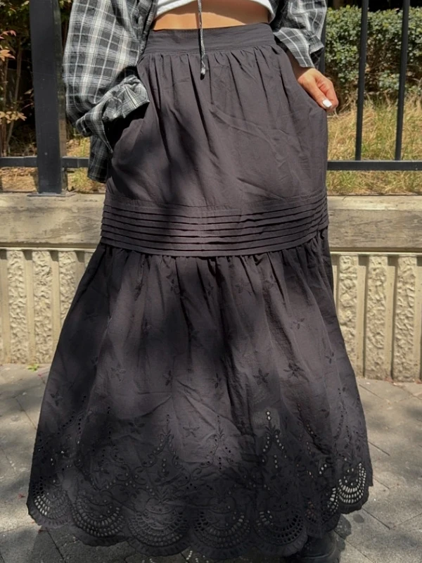 

High Waist Lace A-Line Midi Skirt Women's Pleated Flared Vintage Heavy Design Sense Skirts Korean Sle Commute