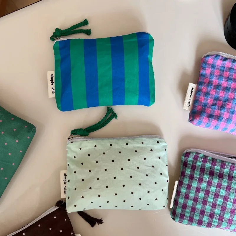 Polka Dot Plaid Stripe Cotton Mini Coin Purse, Portable Small Cloth Pouch, Multi‑use Sanitary Pad Storage Bag for Girls