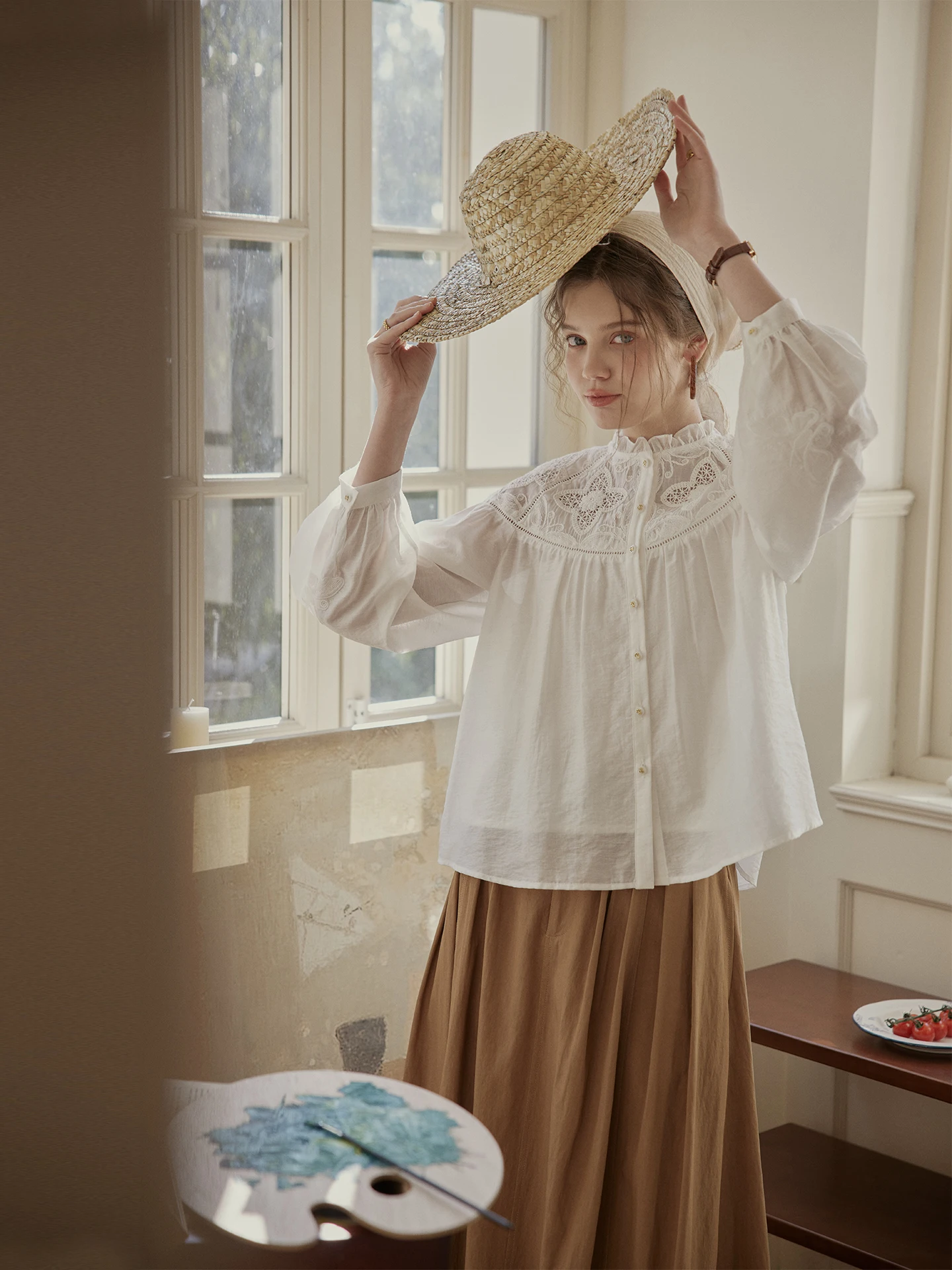 

C.PAIA Qia Pi Ya Pearls Stereo Embroidery Hollow Linen Long Sleeve White Shirt Vintage Style Loose Fit Button down