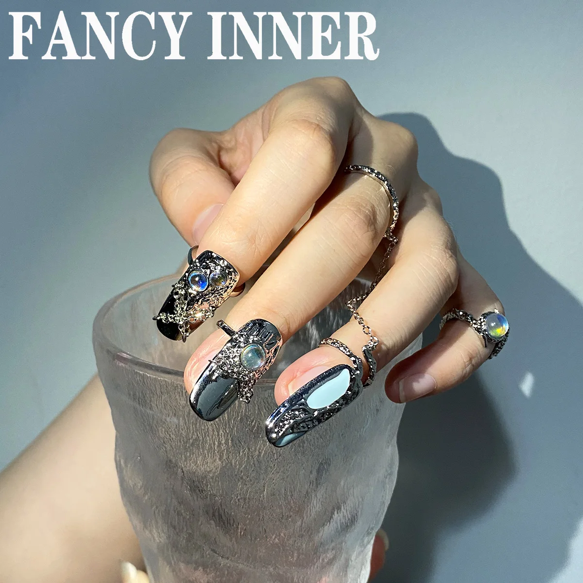 2022 New Ring Nail Armor Blue Dripping Oil Enamel Rhinestones moonstone Opal Geometry Punk Metal Rings for Women Men Y2K jewelry