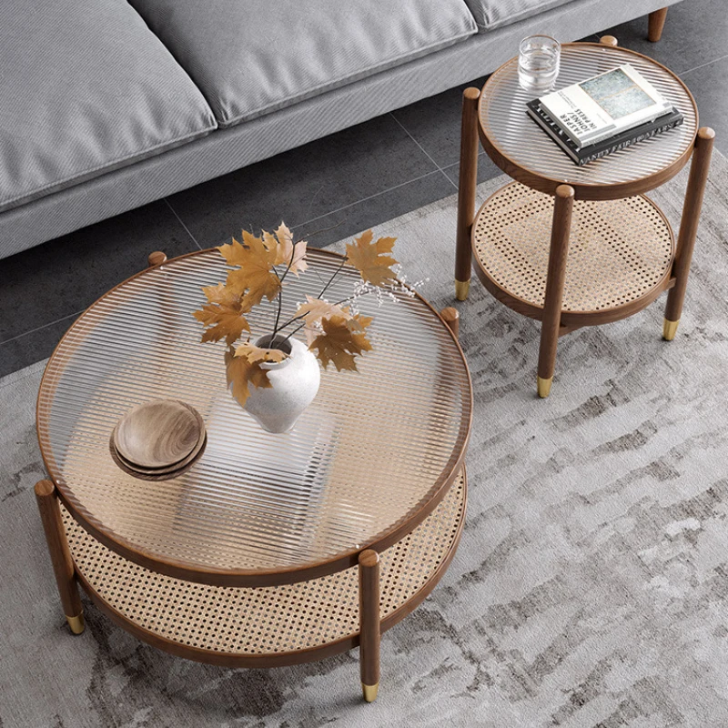 

Nordic Solid Wood Round Coffee Tables Household Furniture Japanese Rattan Square Corner Table Modern Simple Glass Round Table