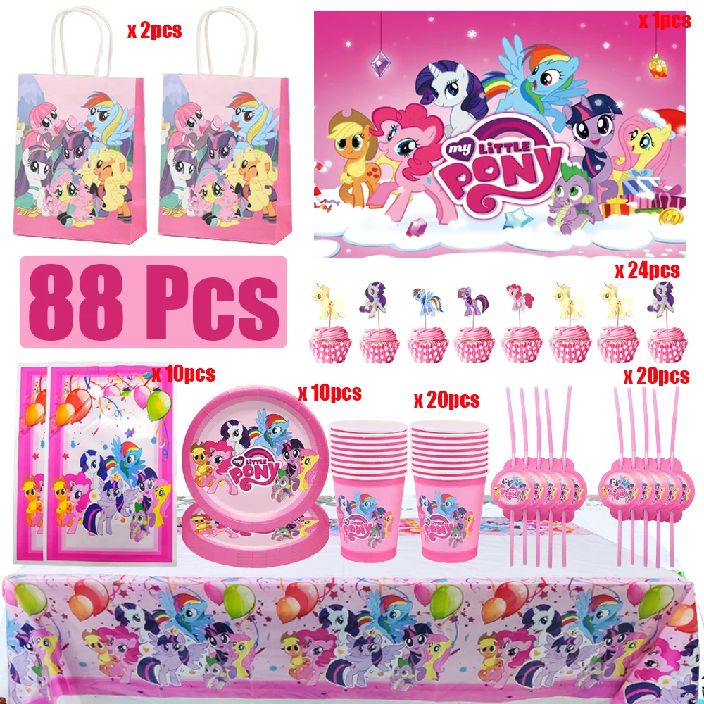 Cartoon-Pony-Thema Geburtstagsparty-Dekorationsset: Tischdecke, Teller, Becher, Ballon, Tortendekoration, Banner, Pferd, Geschenke für Babyparty – Detail 6