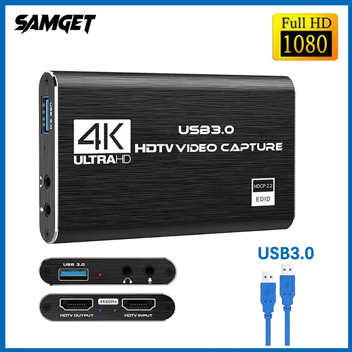 Tarjeta de captura de vídeo 4K compatible con HDMI, USB 3,0, grabadora de vídeo HD 1080P 60fps, grabador para OBS, captura de tarjeta de juego en vivo 4K SAMGET