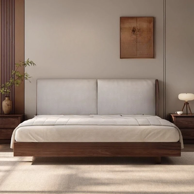 

Black walnut solid wood bed leather soft bag minimalist 1.5 meters bed