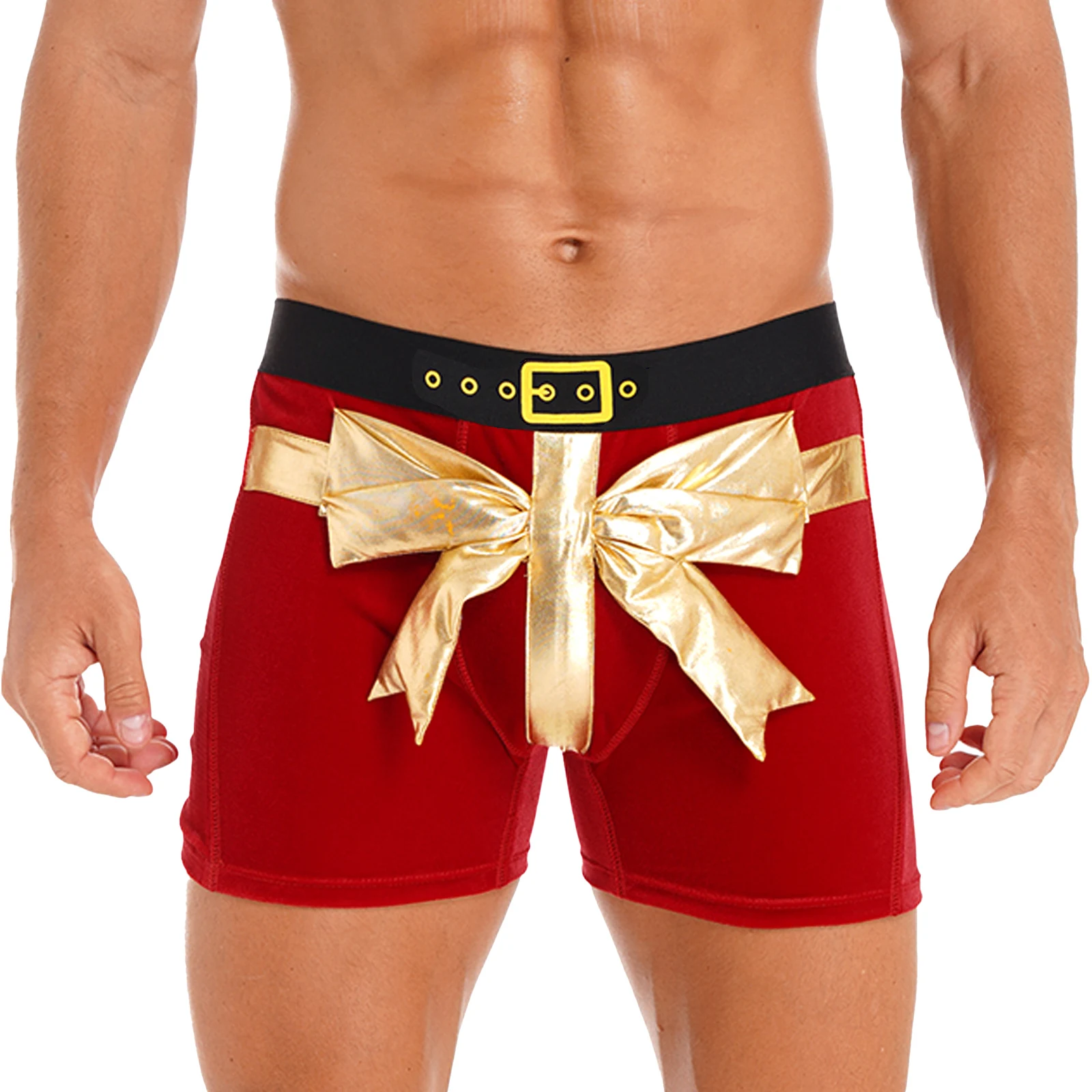 Mens Bowknot Velvet Boxer Brief Christmas Santa Claus Theme Party Costume Funny Wide Elastic Waistband Shorts Panties Underwear