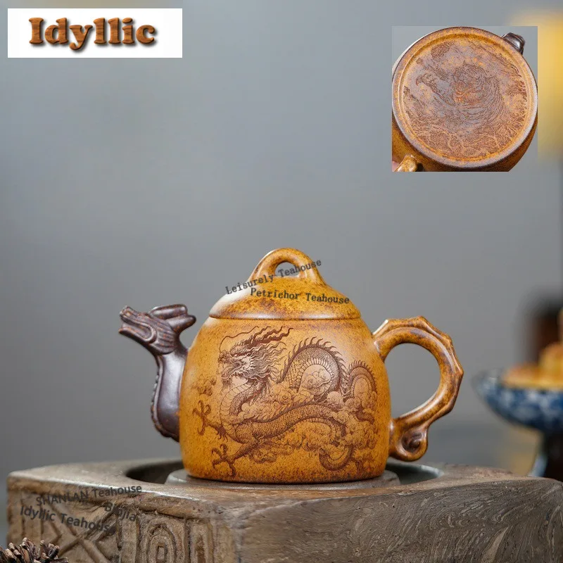 

340ml Boutique Yixing Purple Clay Teapots Handmade Dragon Qin Quan Pot Raw Ore Wood-fired Porcelain Mud Kettle Zisha Teaset Gift