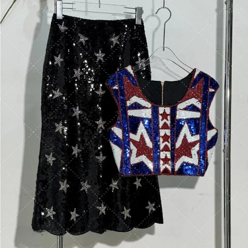 

Модный топ с новым звездным узором и пайетками, на молнии, двусторонний, средней длины, с юбкой-миди, для повседневной носки
