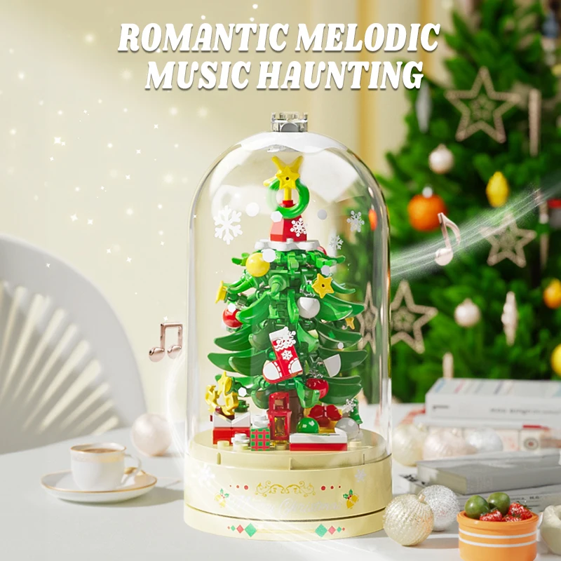 Conjuntos de construcción de árboles de Navidad, caja de música giratoria, juguetes con una varilla ligera, juguetes de construcción, regalos de Navidad para niños y niñas