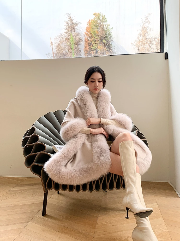 Luxury Women Autumn Warm 100% Wool Shawl with Genuine Fox Fur Trim Winter Long Pashmina Thick Poncho Wraps Fashoin Cape