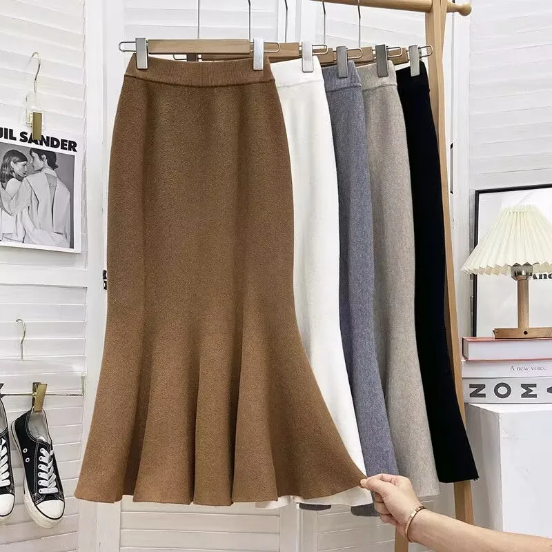 

Autumn/Winter Knitted High Waist Medium length Women's Half length Skirt Pure Wool Sweater Slimming Fashion Cashmere Tail Skirts