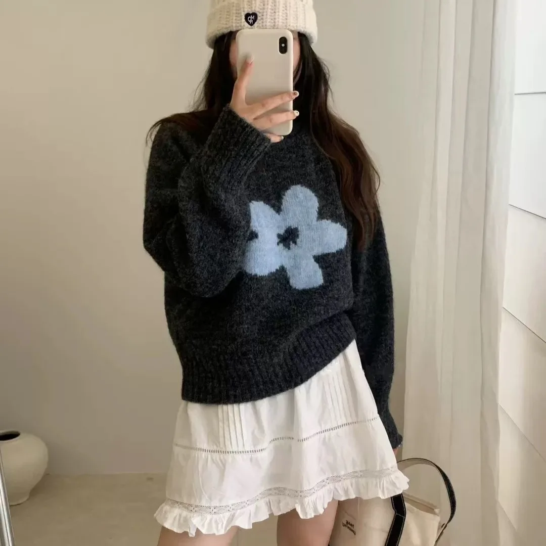 Flower Sweater Pullover for Women in Autumn Loose Outerwear with Short Versatile Sweater Top Trendy Short Knitted Sweater