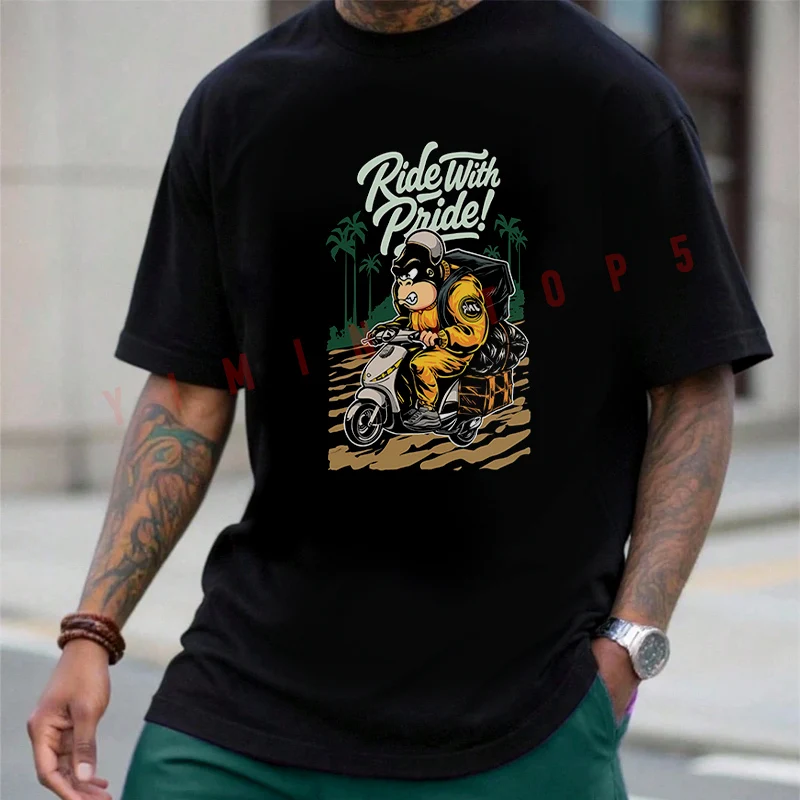 

Cartoon Gorilla Rider Motorcycle Graphic T-shirt Men's Summer Cotton Casual Short-sleeved O-neck Top Tees