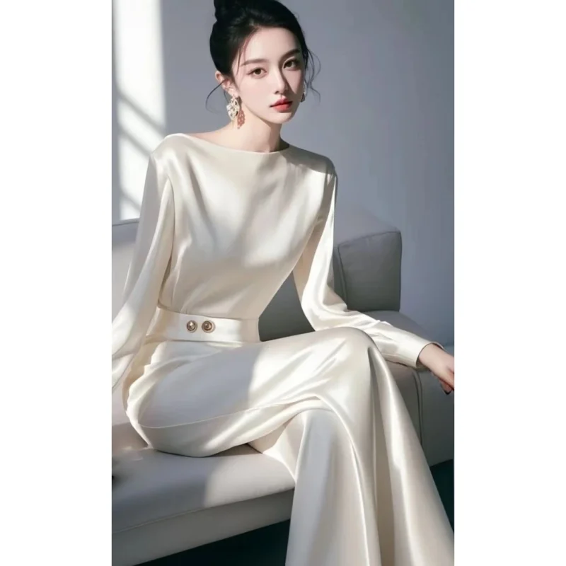 新作・高品質サテン秋レディースツーピースセット エレガントオフィスレディ長袖ブラウストップス＋ワイドレッグパンツスーツ セレブリティ