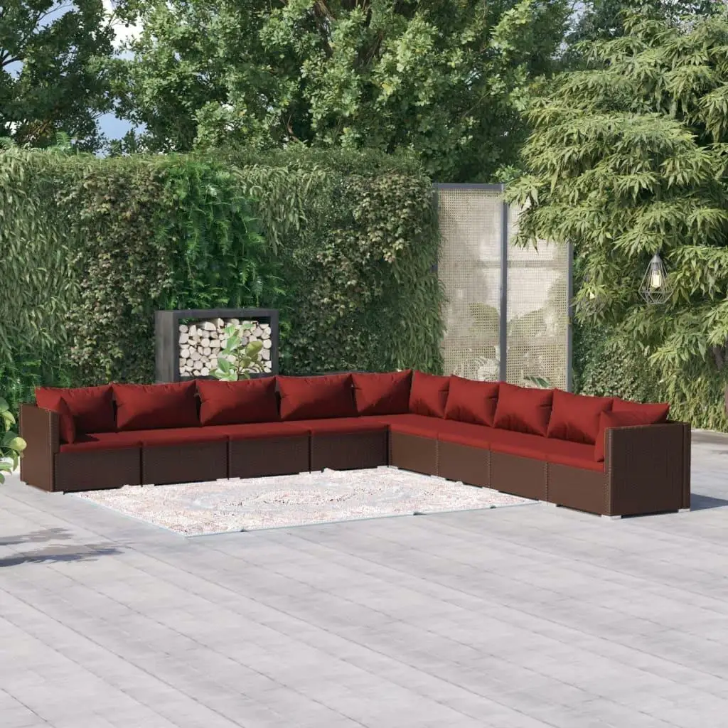 9-Piece Brown Poly Rattan Patio Lounge Set with Cushions - Outdoor Seating Furniture