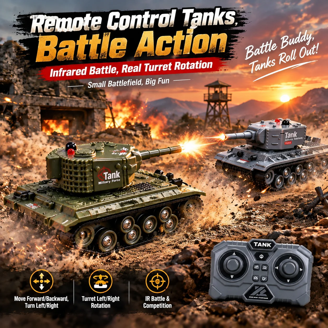 Infrared Battle RC Tank, USB Rechargeable Tracked Vehicle with Controllable Turret, Thick Rubber Tracks Toy for Boys Kids