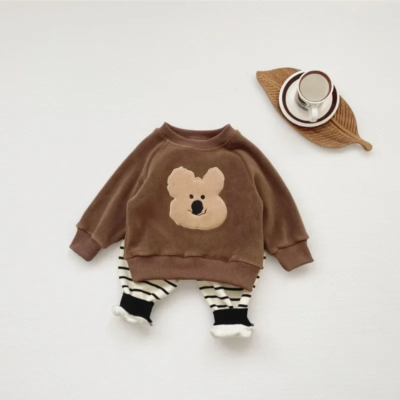 Ropa Bebe 2023 Winter Baby Clothes Boy Plush Cartoon Long Sleeves Kid Top and Bottom Set Girl One Piece Plush Split Sets  ملابس