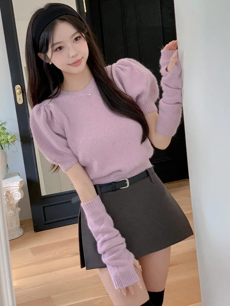 

Chic ort Sve Knitted Sweater Set for Women Sweet Sle Bubble Design Autumn Winter New Arrival Girls Faion Top plus Sl...