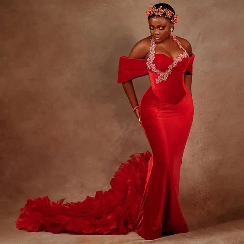 

Sexy Red Mermaid Ball Dress Embroidered Beads Velvet Evening Dress Special Occasion Long Party Dress Customization
