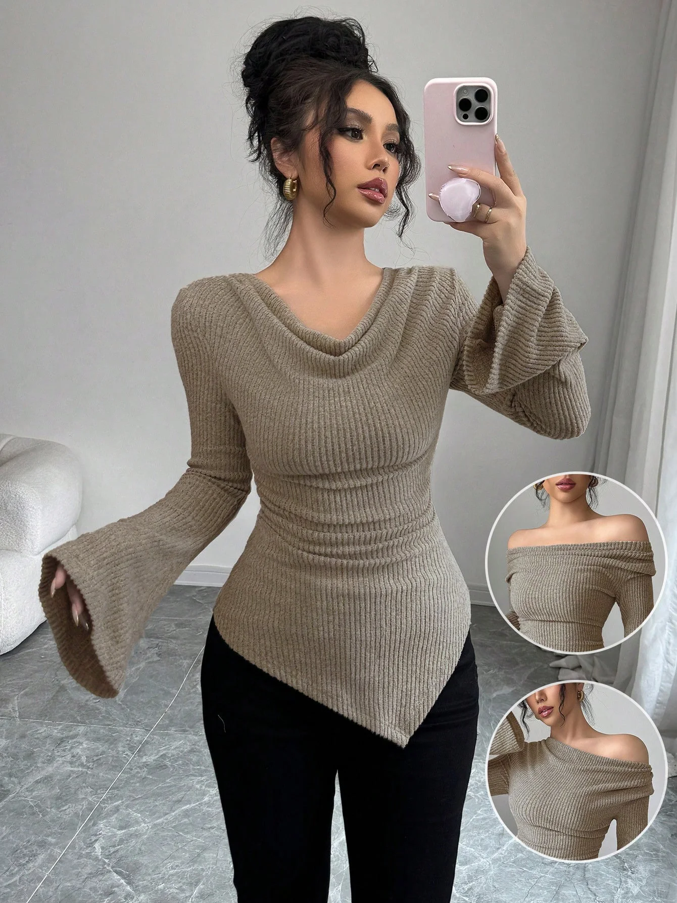 

Women Solid Knitting Luxury Top Coats Autumn Horn Sleeve Swing Collar Knitted Top Blouses 2025 Fashion Elegant Bodycon Top Shirt