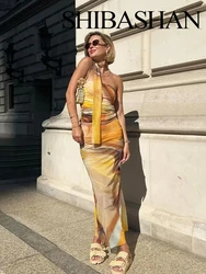Trafza Vintage Rock Set für Frauen 2024 Frühling Leoparden muster Freizeit anzug hohe Taille A-Linie Rock Neck holder Off-Shoulder-Schlauch