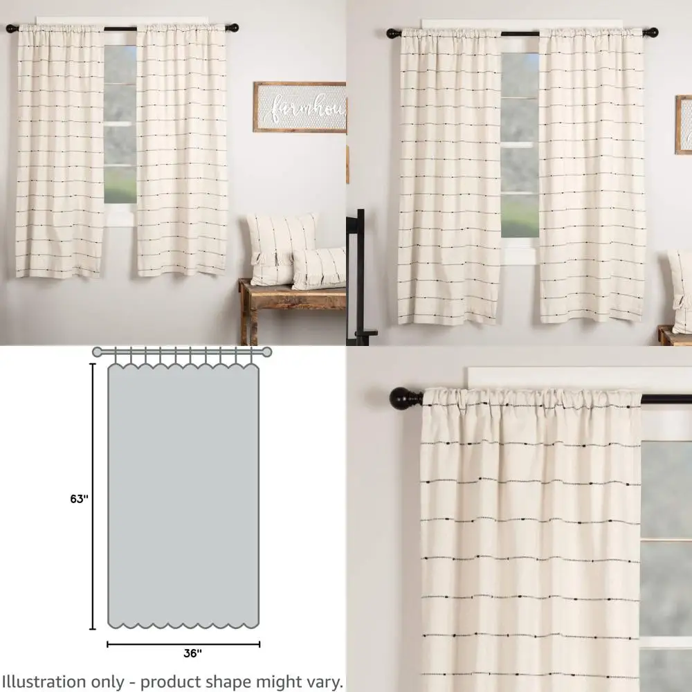 

Set of 2, 63 Long, Natural Cream Woven Curtains with Black Stripes, Rustic Farmhouse Style