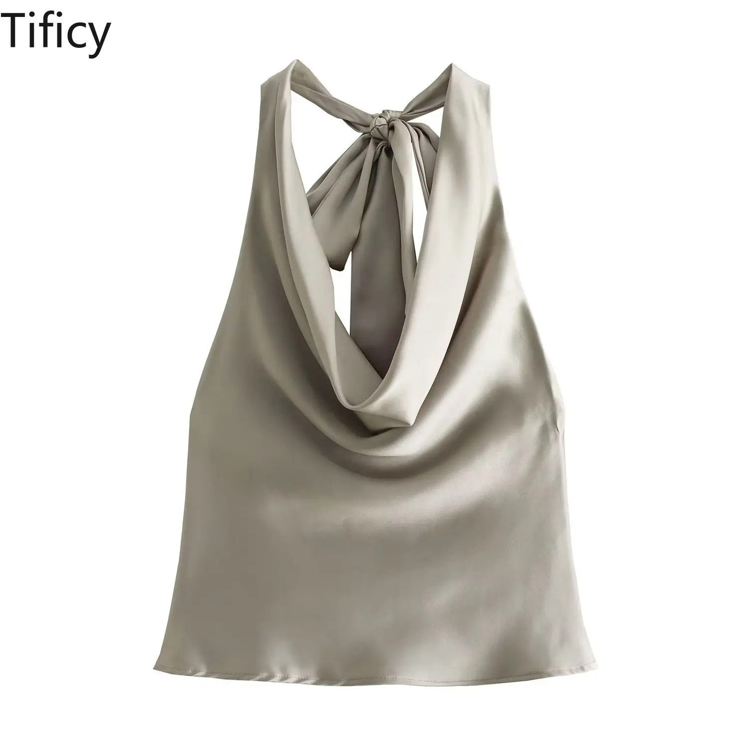 TIFICY Summer Fashion Women's New Fashionable Hanging Collar Satin Texture Khaki Short Suspender Tanks Crop Tops