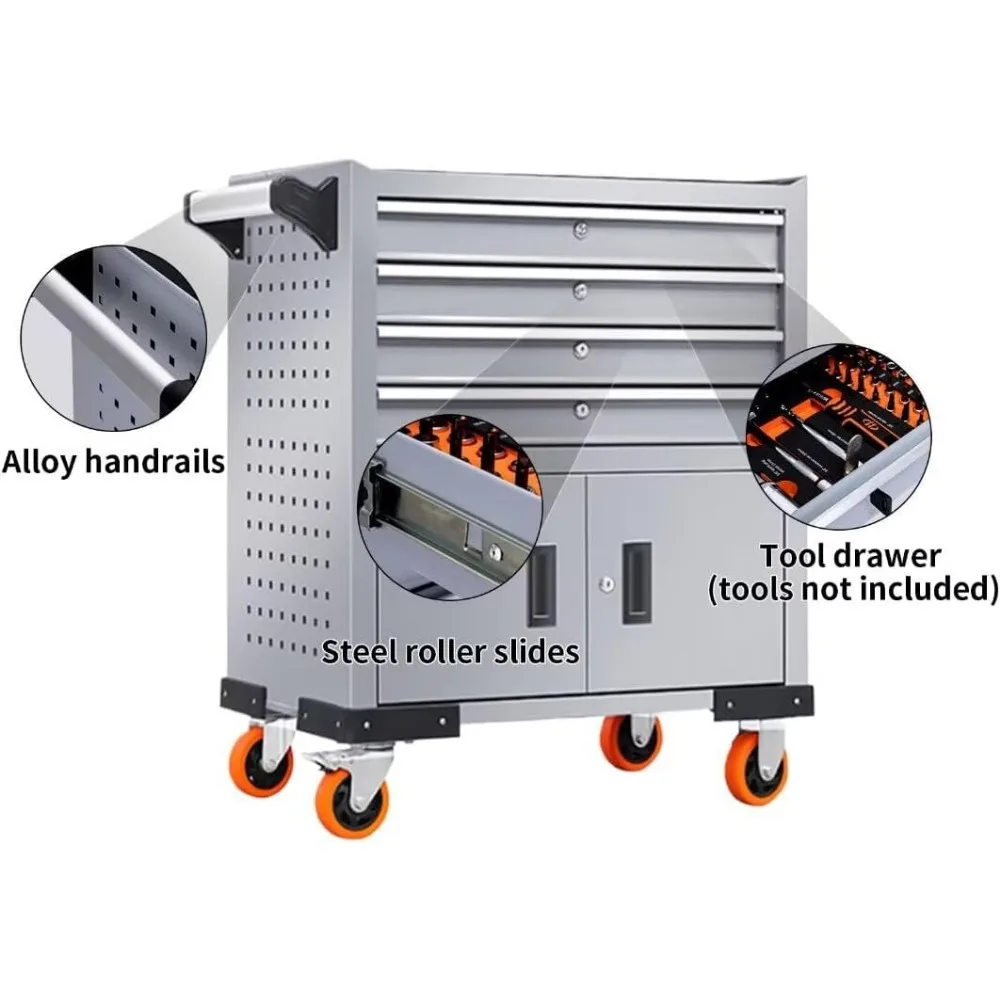 عربة أدوات دوارة ذات 4 أدراج شديدة التحمل - سعة 440 رطلًا، خزانة تخزين صناعية لورشة العمل، المرآب، ومساحات الإصلاح