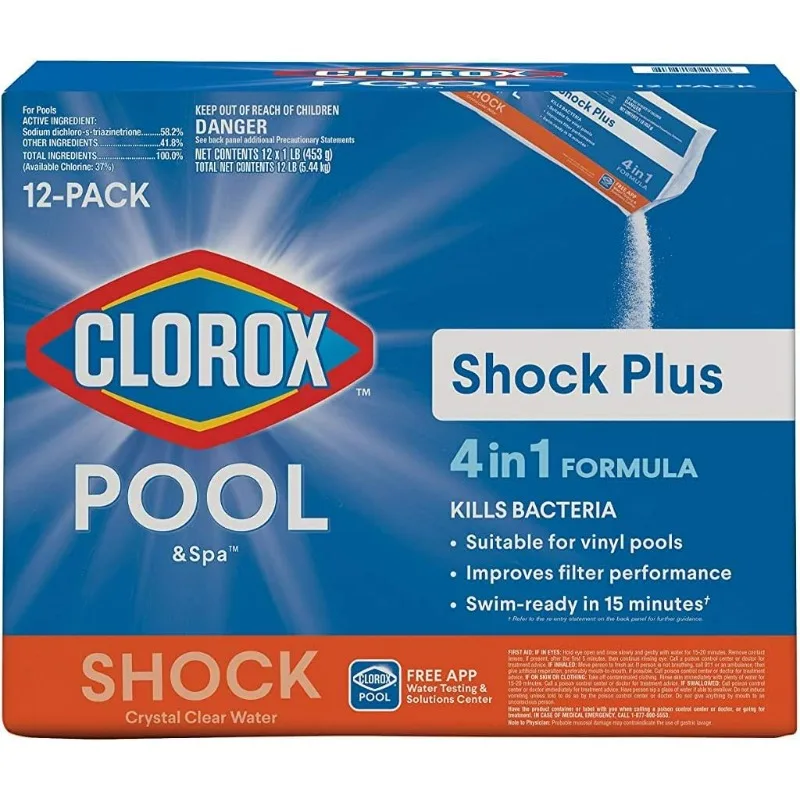 Clorox ® Piscina y Spa ™ Shock Plus Crystal Clear Piscina Agua Nadar lista en 15 minutos Piscinas de vinilo adecuadas 12 unidades (paquete de 1)