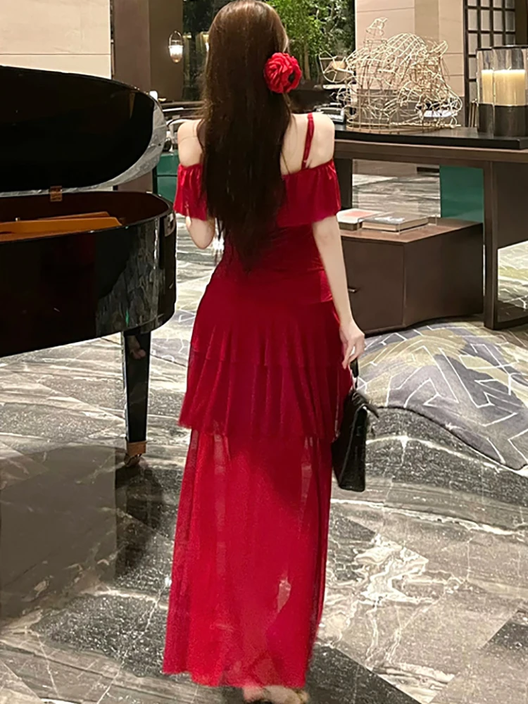 Frauen Rot Elegante Rüschen Sexy Sling Langes Kleid Sommer Mode Luxus Gala Kleid 2025, Koreanische Vintage Bodycon Festival Prom Kleid