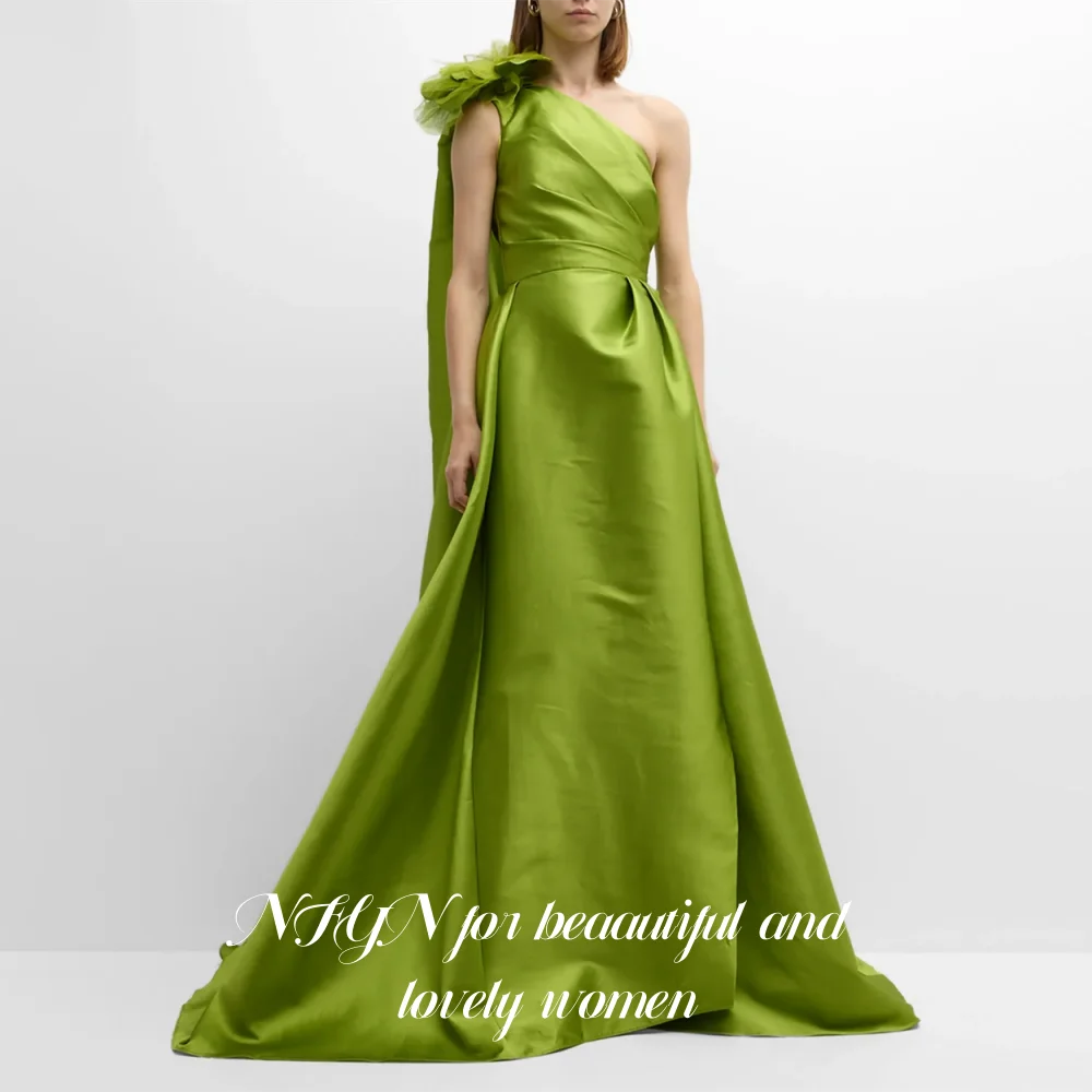 

NFYN Green Elegant Prom Dresses 3D-Flowers One Shoulder Backless Prom Gown Satin Side Split Party Evening Dresses Customized