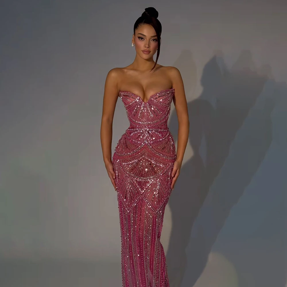 Sexy Luxury Mermaid Evening Dresses Sparkling Sequins Beaded Sleeveless Sweetheart Prom Gown for Women Illusion Banquet Dress