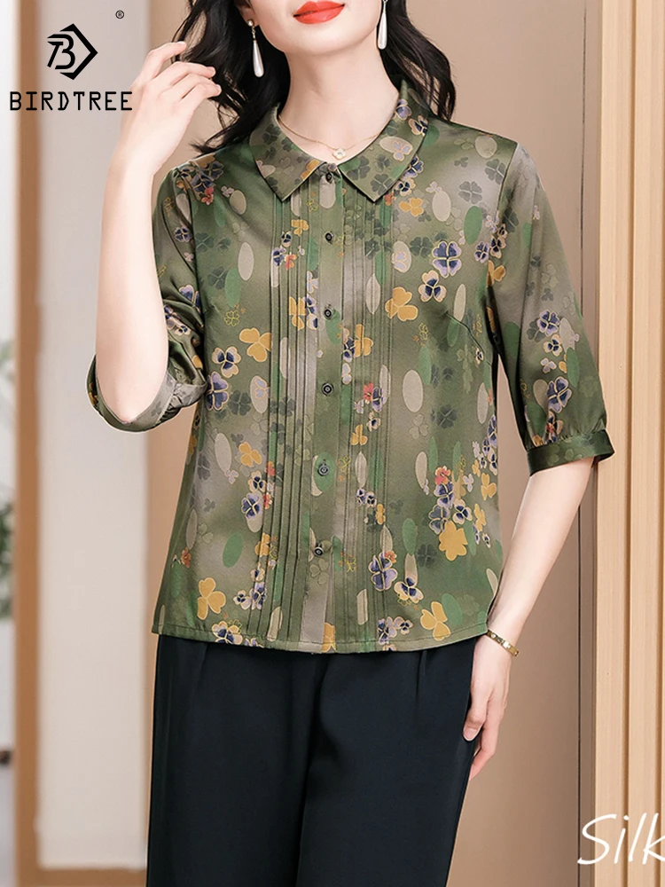 BirdTree 90%Real Silk Plus Size Shirt Women,Lapel Short Neck Floral,Versatile Temperament Commute Blouse,2024 Spring T42343QD