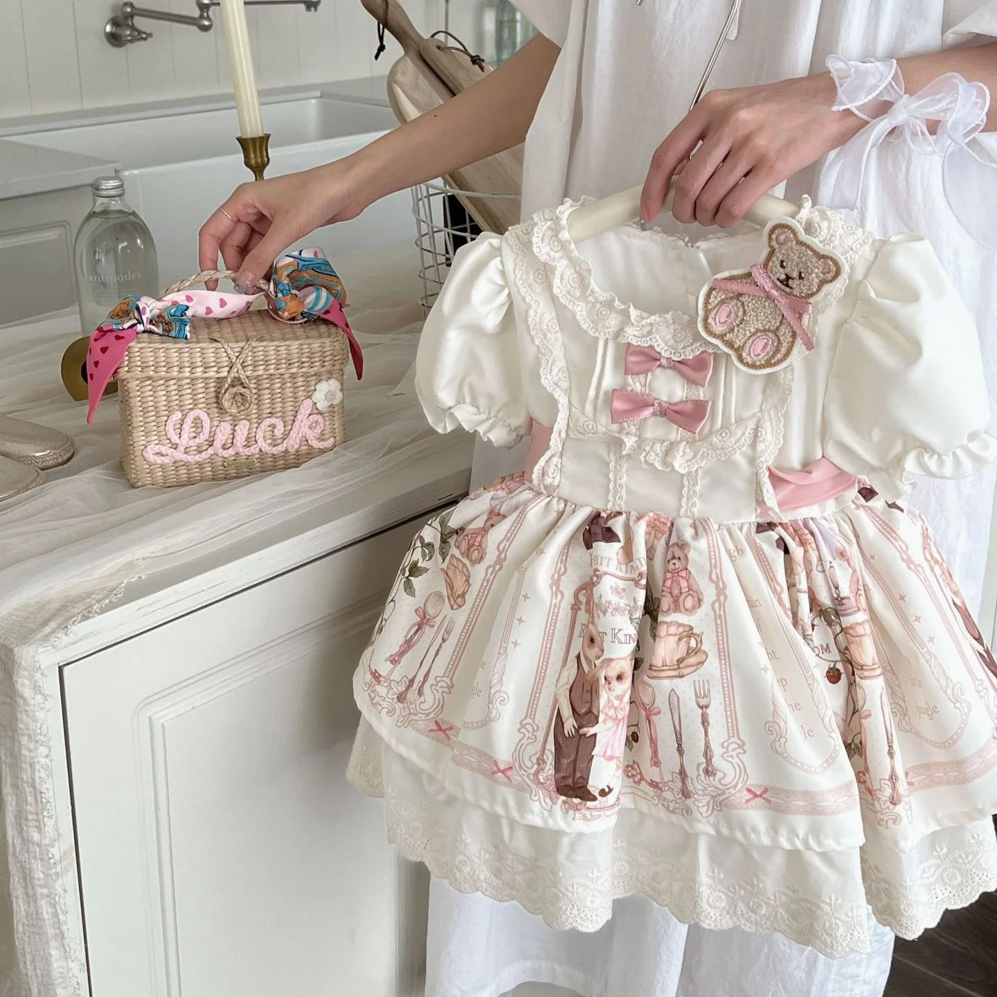 Autumn Cute Bear kids Vestido Spanish Girl Dress Baby Bow Princess Long sleeve  Lolita Dress For Girl Birthday outfit Lace