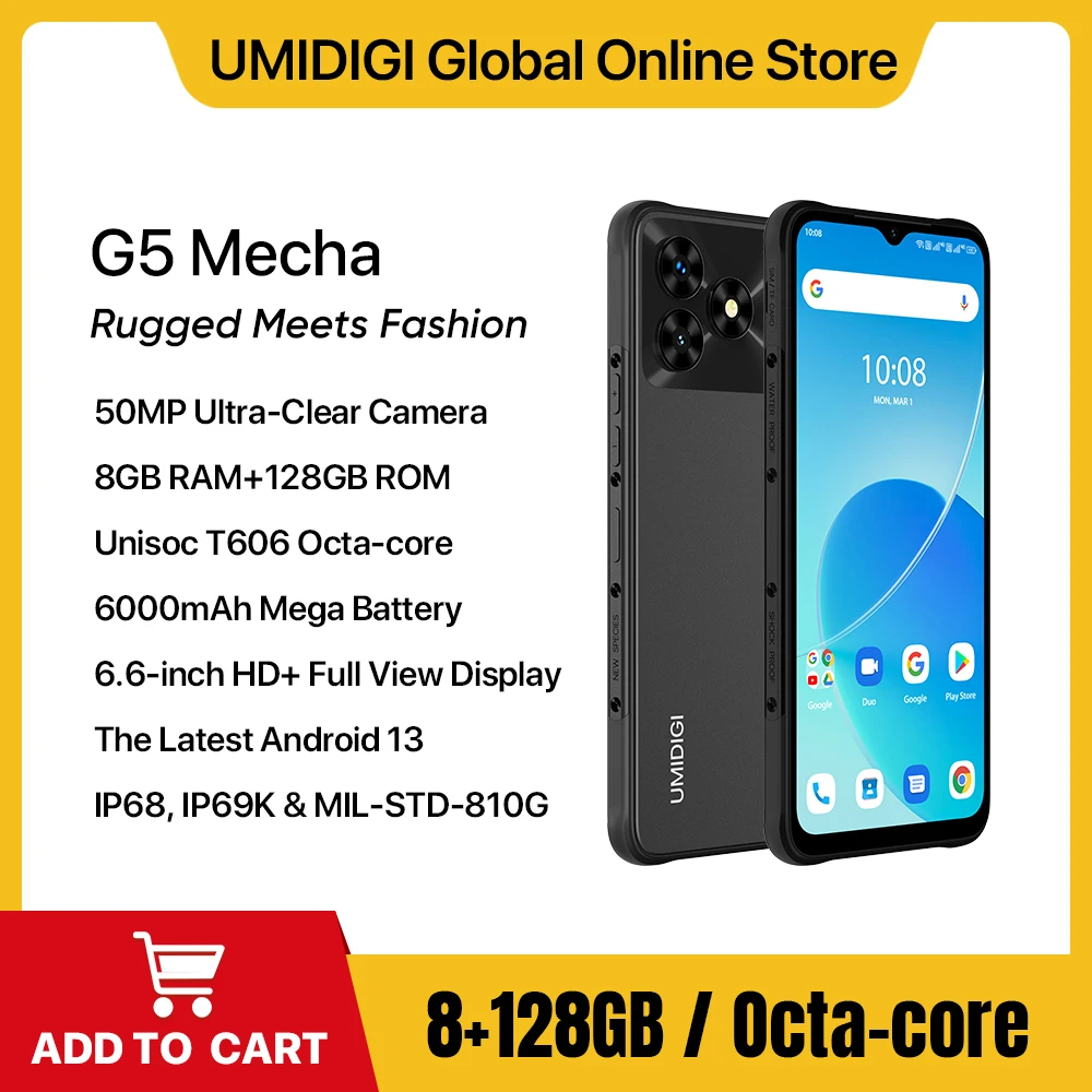 UMIDIGI-G5 Mecha Android 13 هاتف ذكي متين، هاتف محمول، 6.6 بوصة FHD + شاشة، 8 جيجابايت، 128 جيجابايت، كاميرا 50 ميجابكسل، 6000 مللي أمبير، 90 هرتز، T606