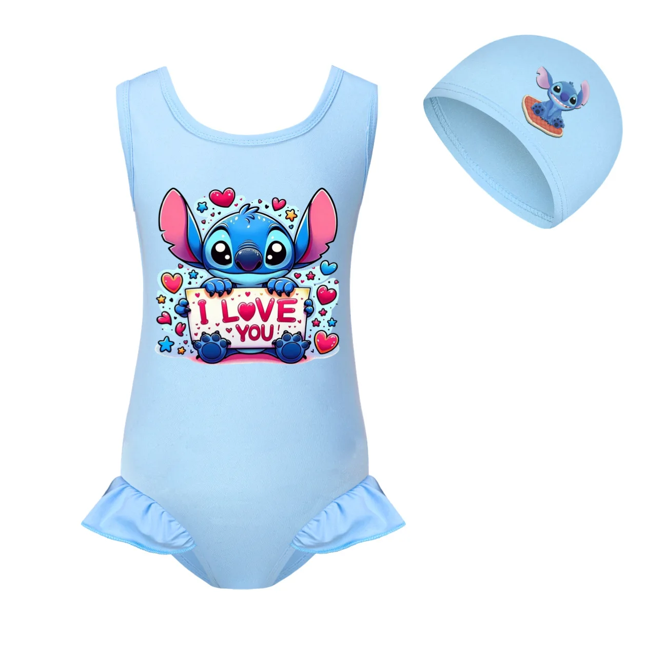 Kids Baby Girls Swimwear Swimsuit Cartoon Stitch Swimming Cap Set Children Movement Outfit Toddler Clothes Pajamas Tops 2-14Year