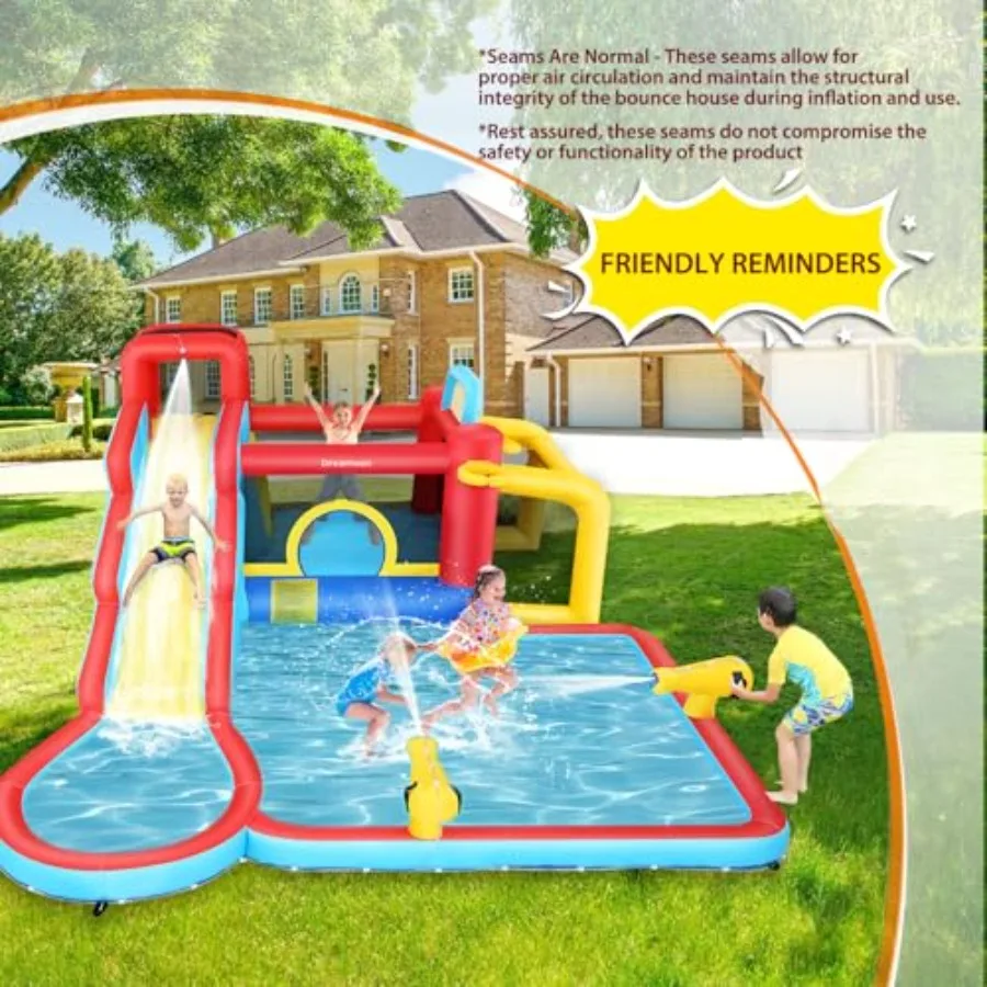 Corrediça de água inflável para casa de salto de água 10 em 1, parque aquático de quintal com corrediça de água longa e grande piscina de respingo, pente seco e molhado