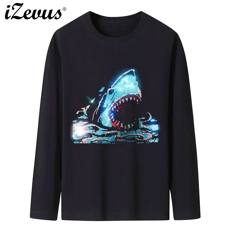 New shiny shark diamond figure hot high quality spring and fall men's long-sleeved casual T-shirt hot diamond T-shirt