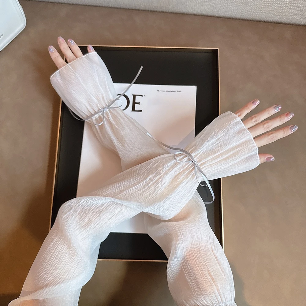 

2pcs/set Sun Protection Bow Gauze Sleeves Fingerless Polyester Breathable Long Arm Sleeves Silk Ribbon Sweet