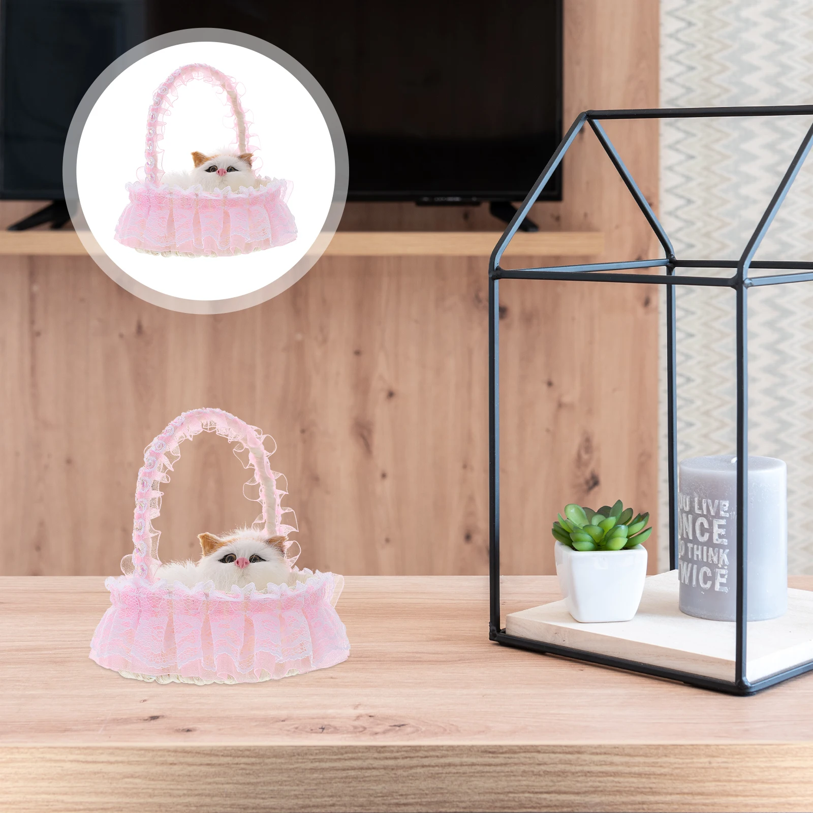 

1 set Cat Design Basket Lace Flower Girl Storage Organizer Plastic Faux Sturdy Home Decor Photo Prop Lightweight Handle