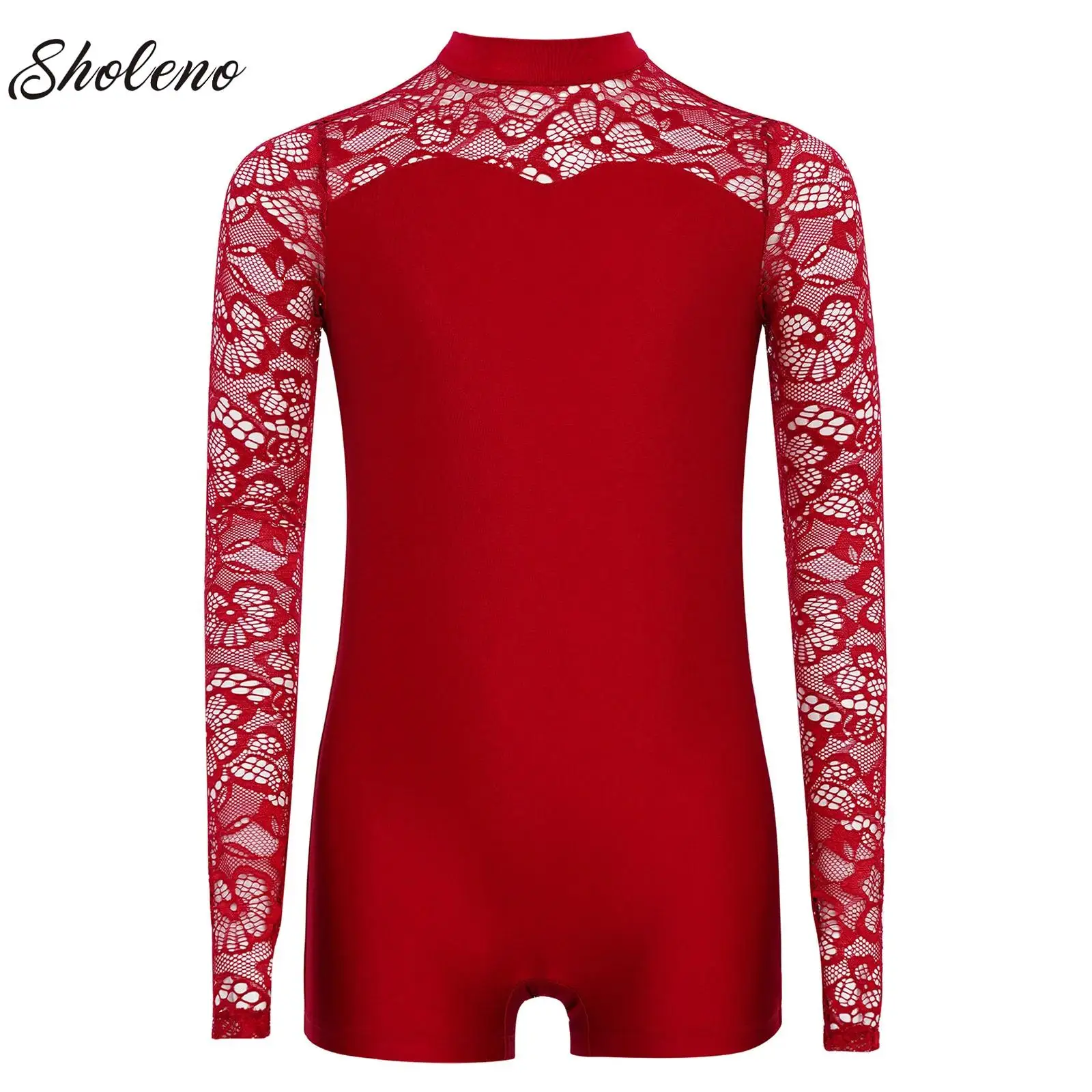 

Kids Girls Gymnastics Leotard Lace Patchwork Long Sleeves Keyhole Back Ballerina Dance Costume Athletics Costume Child Bodysuit