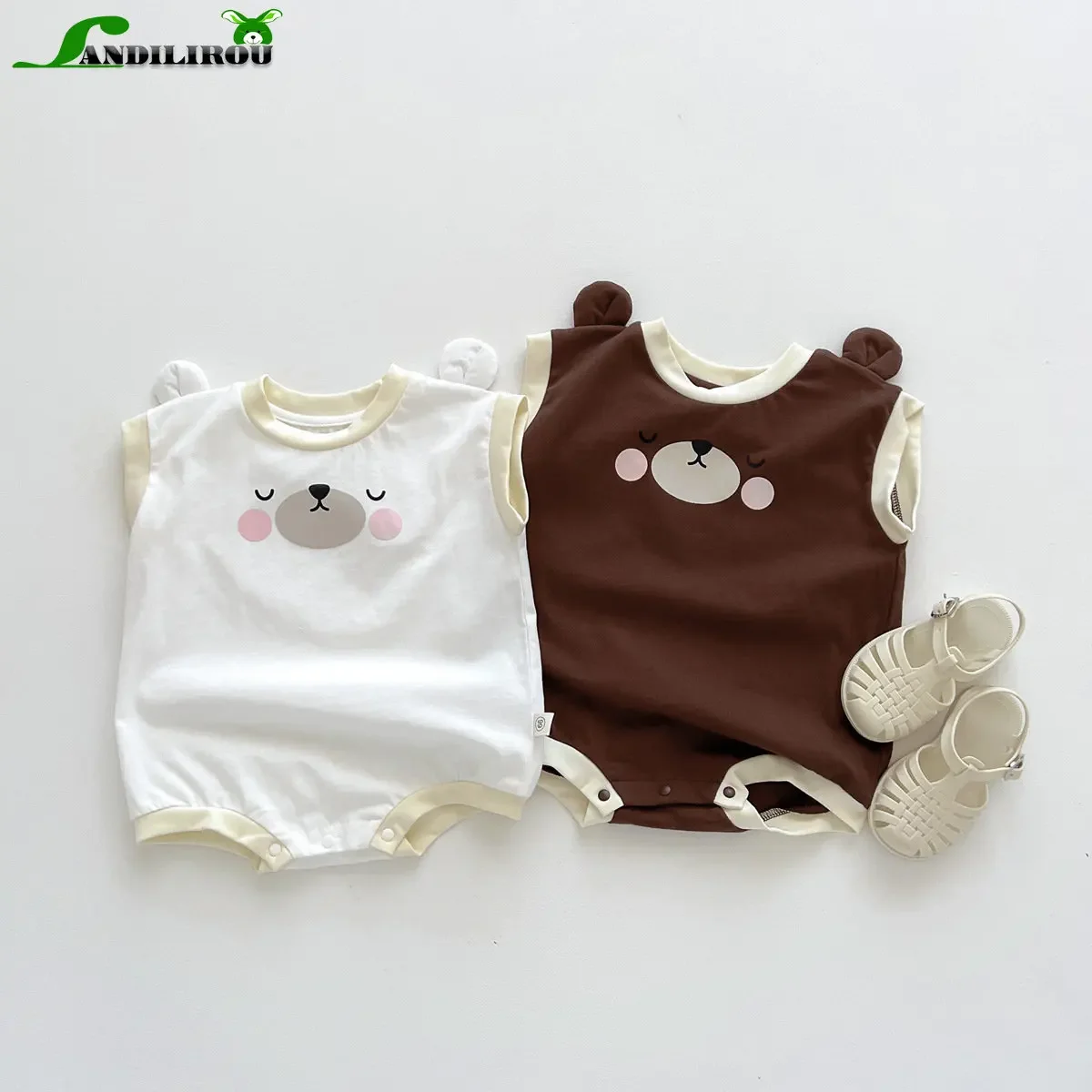 

Stay Cool Cute In Our Newborn Baby Boys Sleeveless Cartoon Bear Bodysuits - Perfect for Summer Infant Kids Outdoor Playtime!