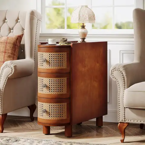 Sidobord, massivt trä soffbord med präglade vintagehandtag, smalt nattduksbord för vardagsrum, sovrum, ingen montering 10 best sales sidobord i trä - №6