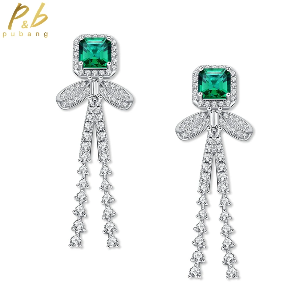 

PuBang Fine Jewelry Solid 925 Sterling Silver Tassel Stud Earrings Emerald Green Created Moissanite for Women Gift Drop Shipping