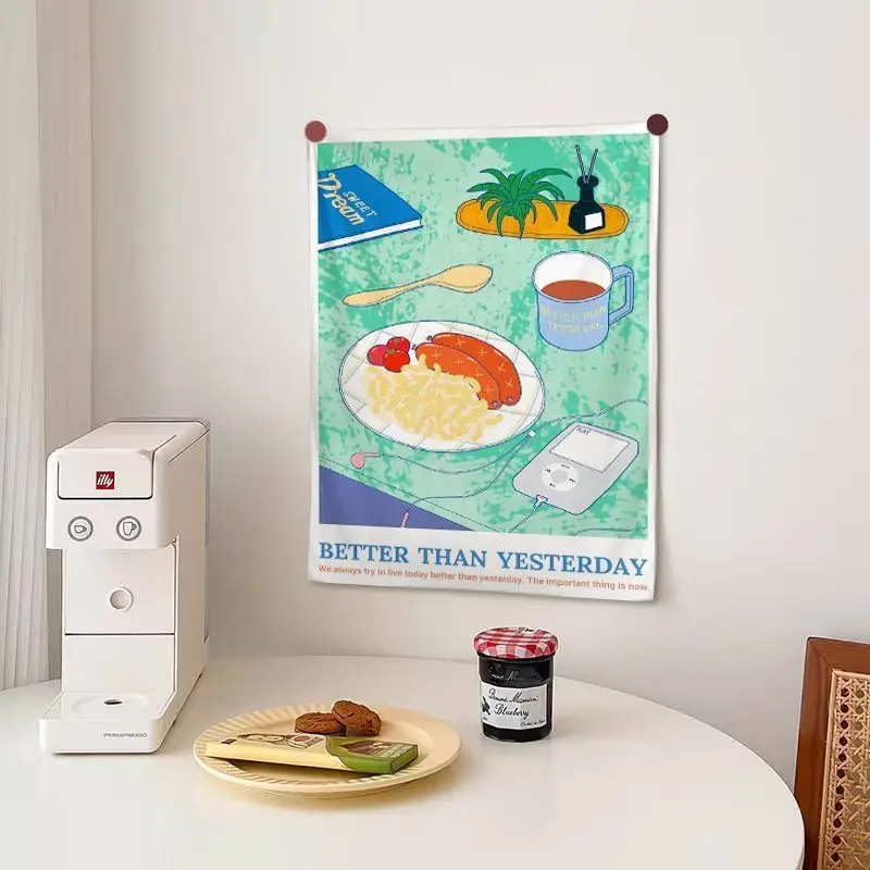 VIKAMA Breakfast Food Illustration Tapestry, Instagram-Style Wall Decor, Inspirational Slogan Tapestry, Home Decor