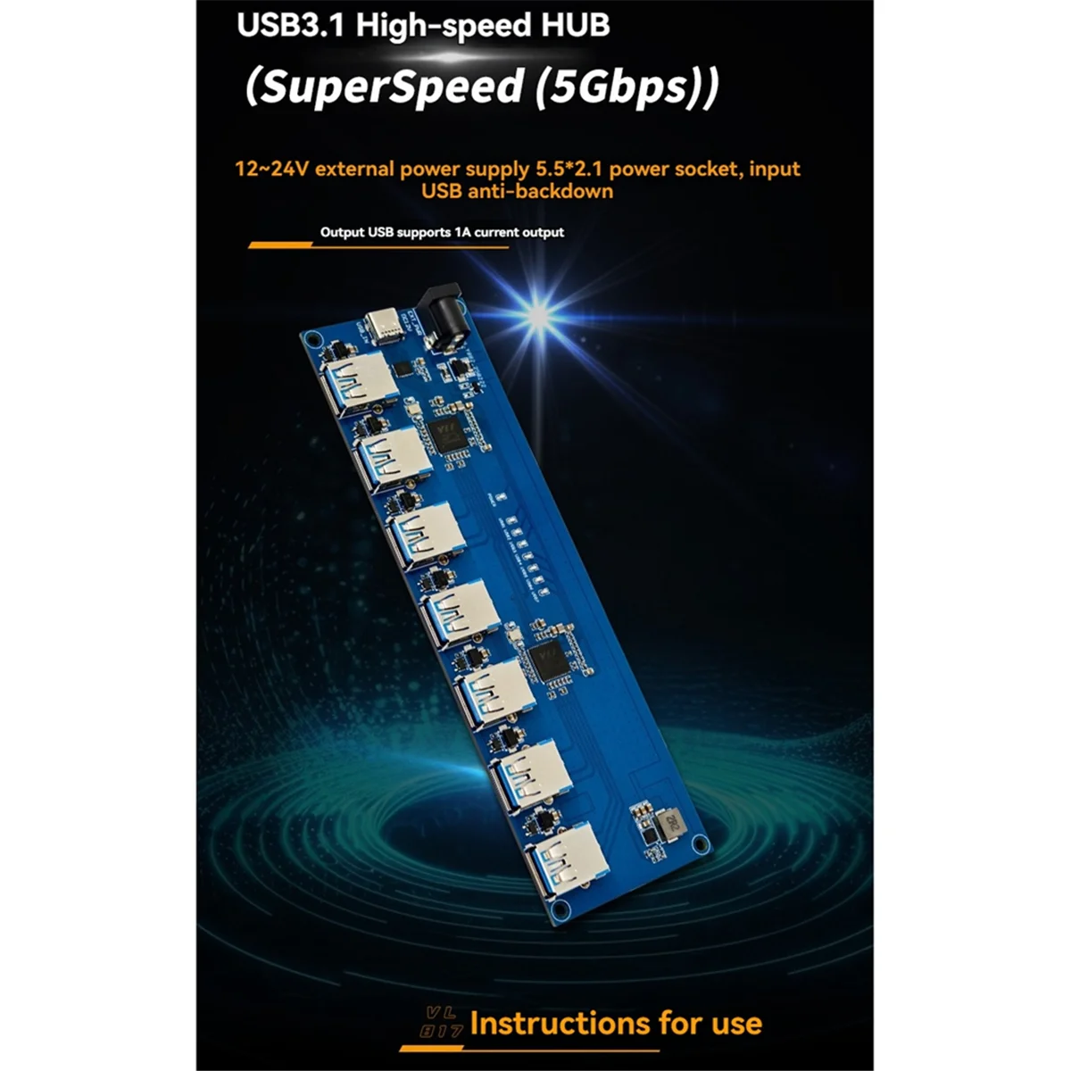 ABJZ VL817 USB3.1 HUB モジュール 高速 1-to-7 ポート USB HUB TYPE-C 電流逆流防止機能付き