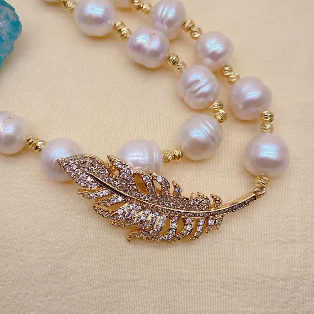 

YYGEM cz pave Feather Shape connector Cultured White rice Baroque Pearl Long Necklace