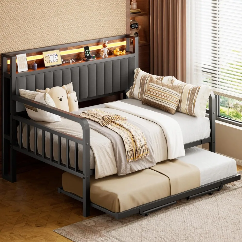 

Living room sofa, Heavy Duty Metal Full Bed Frame Upholstered Storage Headboard Charging Station, Sturdy Day bed for Living Room